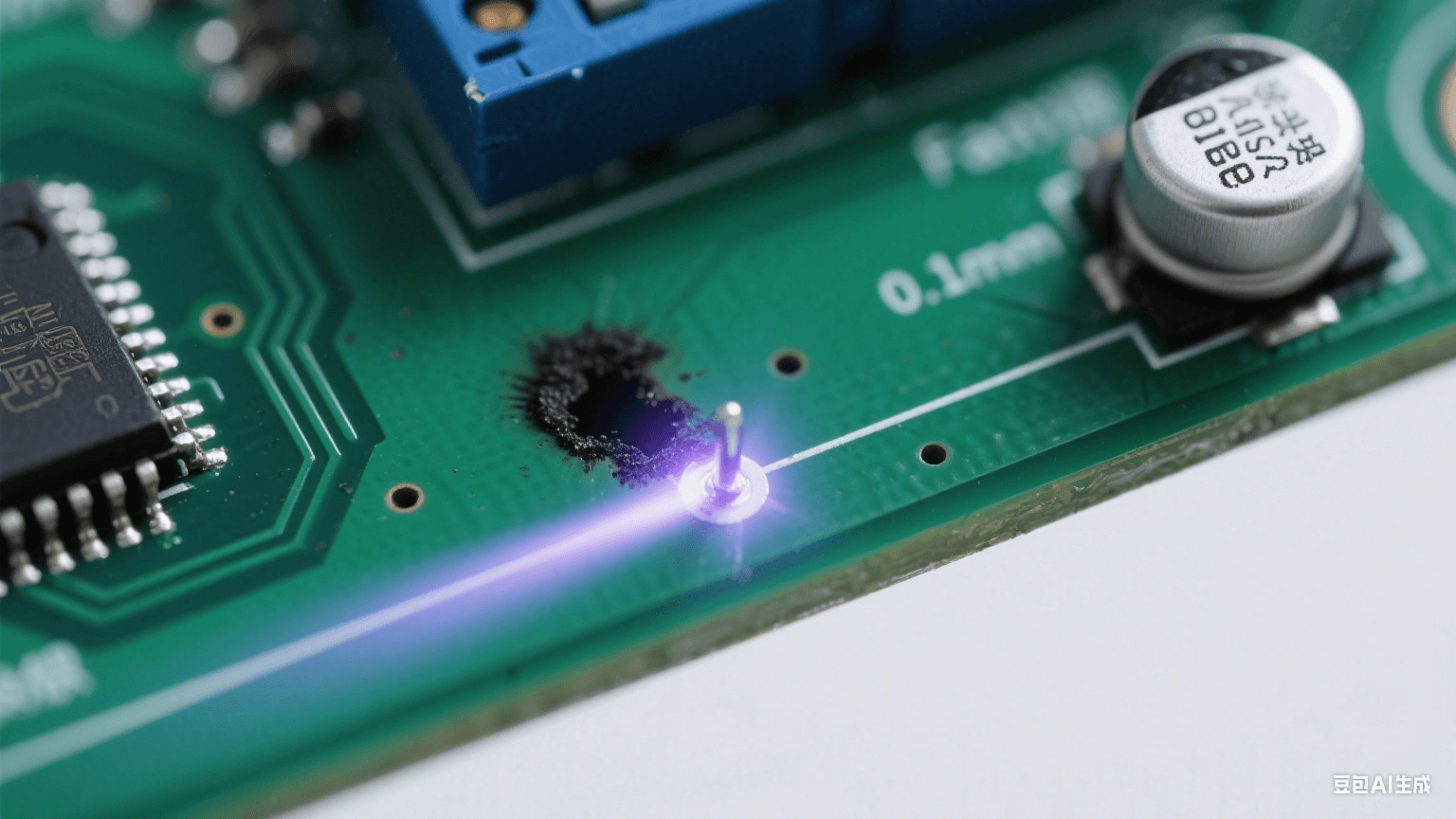 开关电源PCB局部特写，深绿色基板上，反馈引脚与相邻走线的0.1mm间隙处有细微焦黑痕迹（静电击穿点）