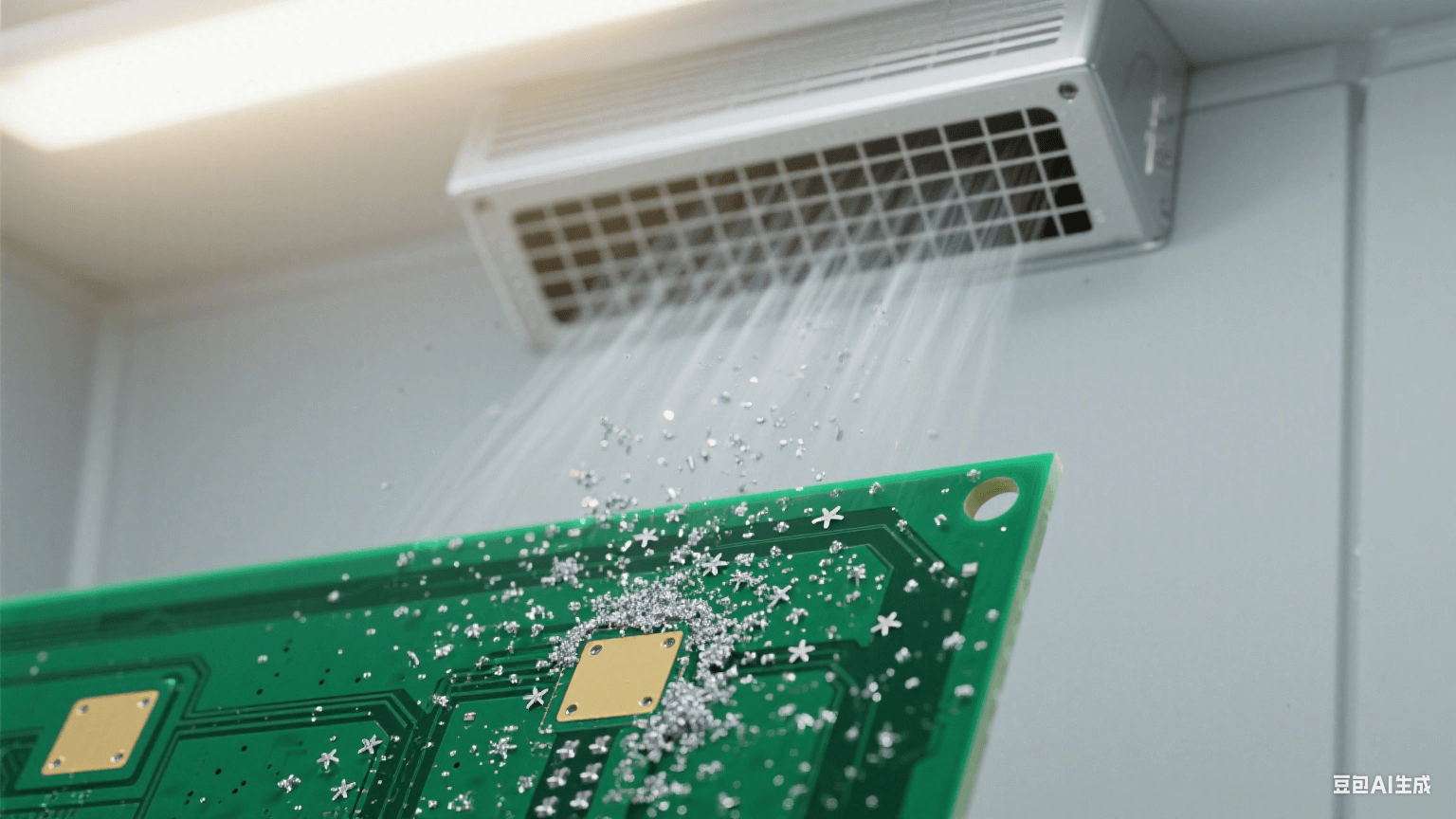 带静电的PCB表面微距，深绿色阻焊层上吸附着大量0.1-0.5μm的银色金属粉尘（呈星点分布），相邻两个金色焊盘间被粉尘连接，形成隐性通路。