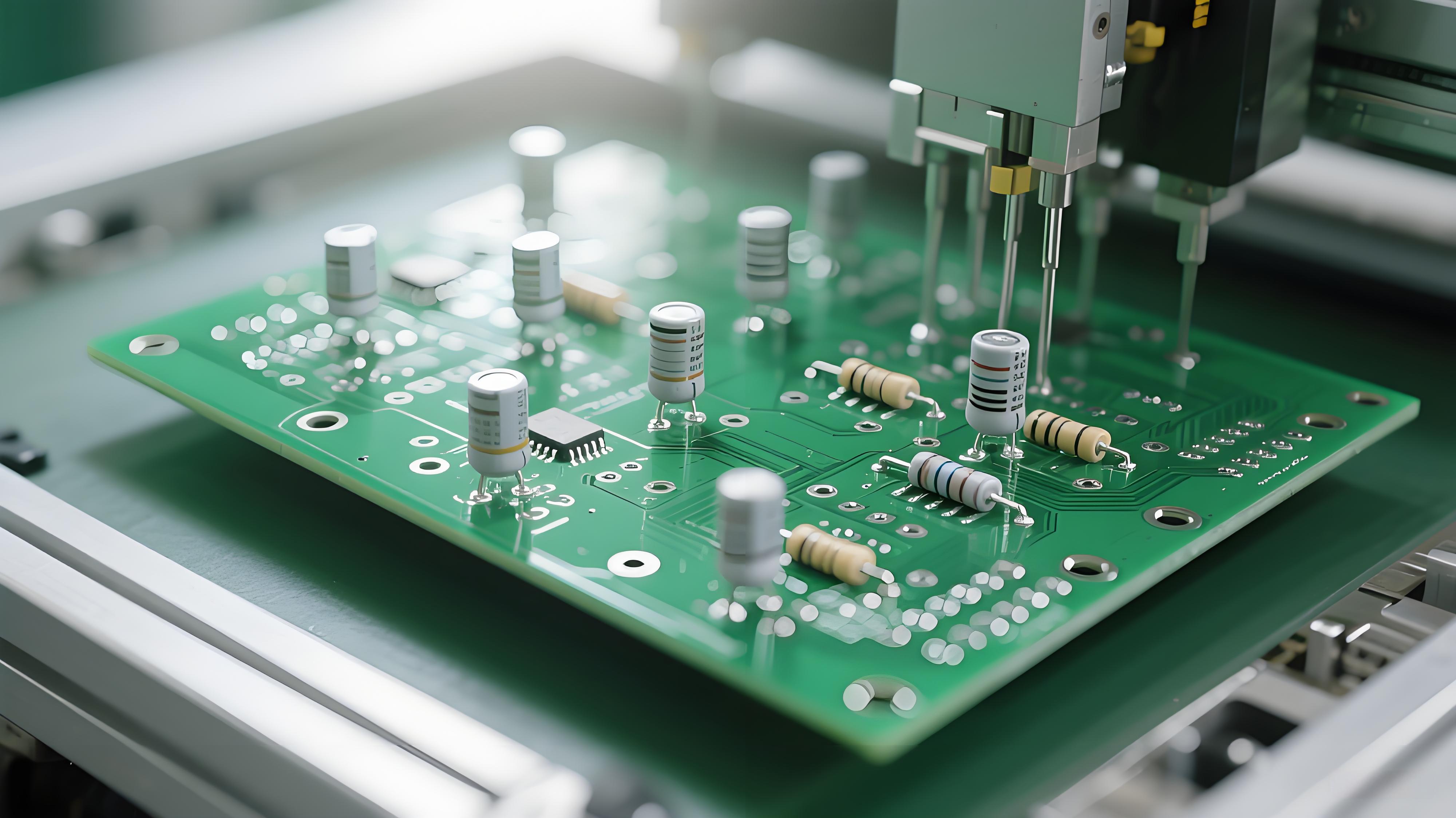 通孔插装工艺中电子元件插入 PCB 板的生产场景特写.jpeg