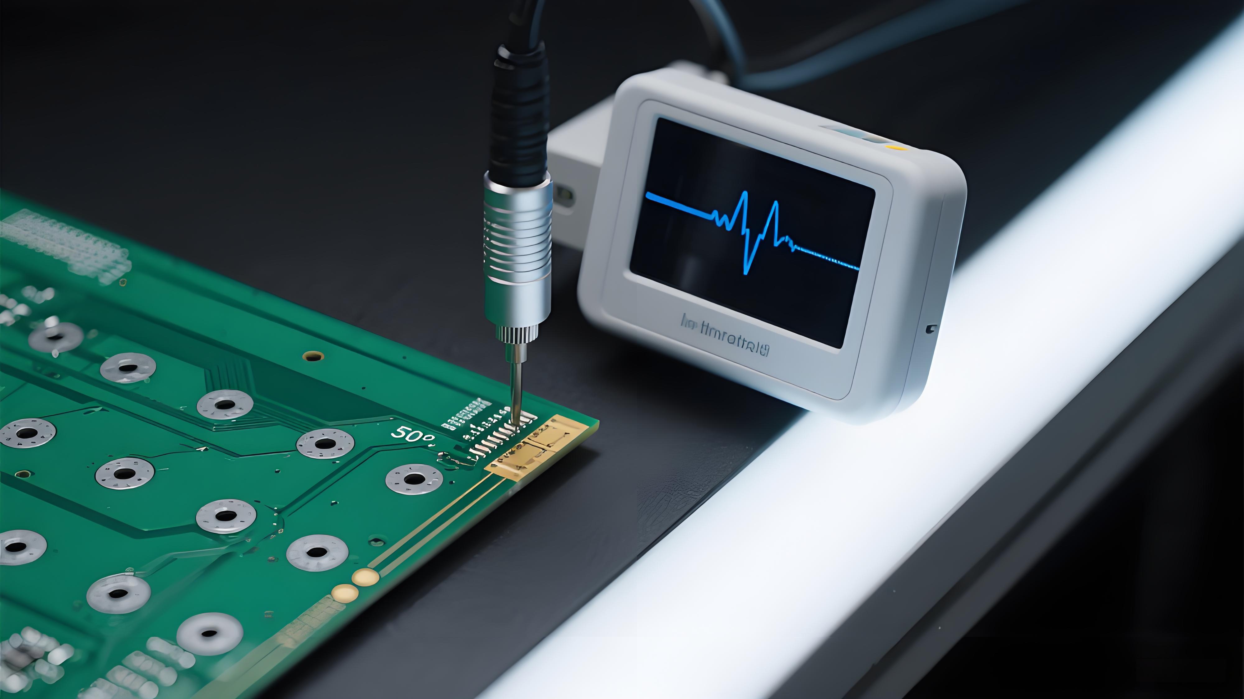 PCB背钻后阻抗测试 银色探头与蓝色50Ω阻抗波形 信号完整性验证.jpeg