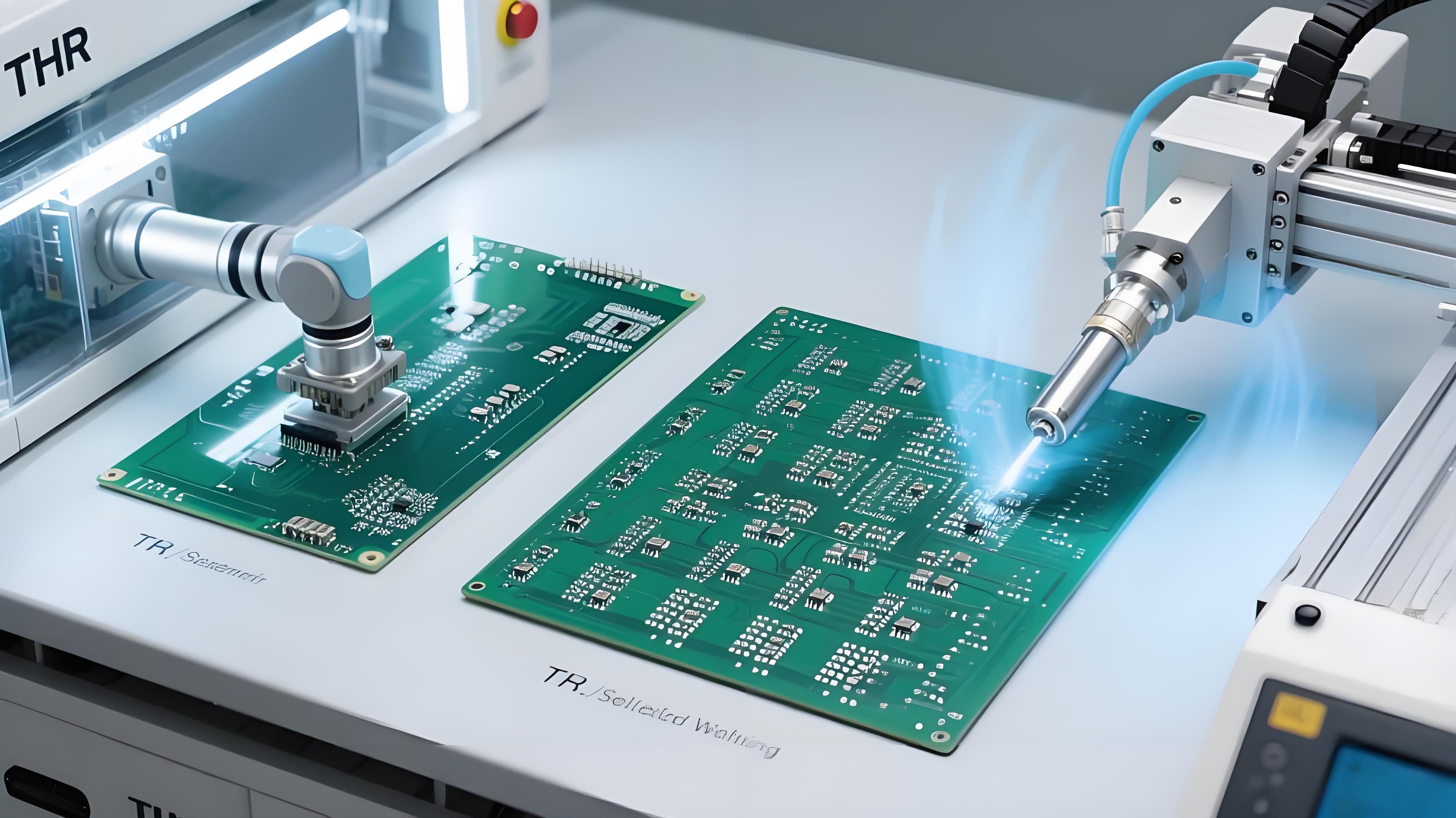 THR与选择性焊接设备对比 深绿色PCB双工艺焊接 银色锡波与机械臂.jpg