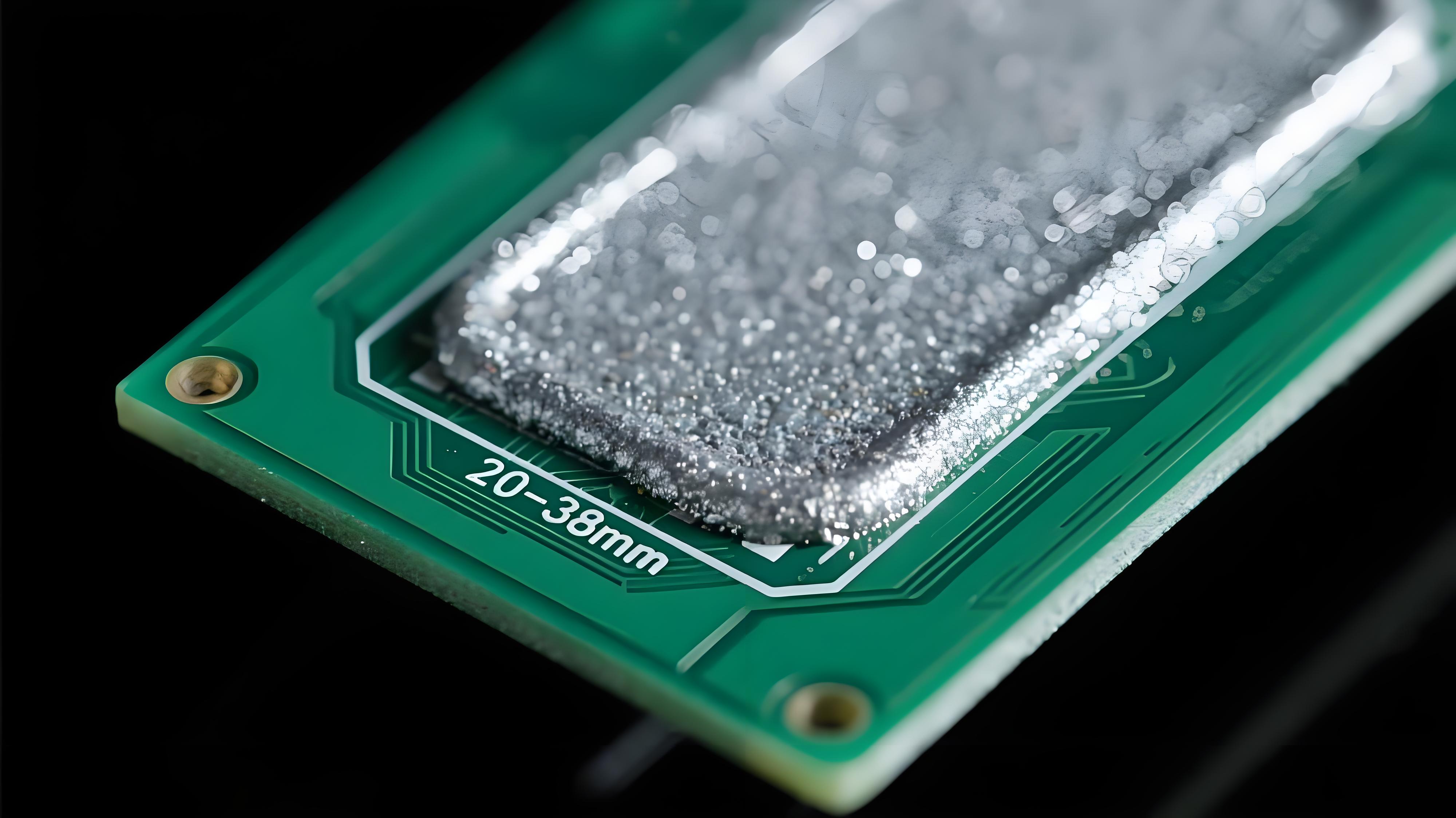 回流焊焊膏印刷微观形貌 银灰色锡膏颗粒均匀覆盖 深绿色 PCB 焊盘 纳米涂层钢网效果.jpg