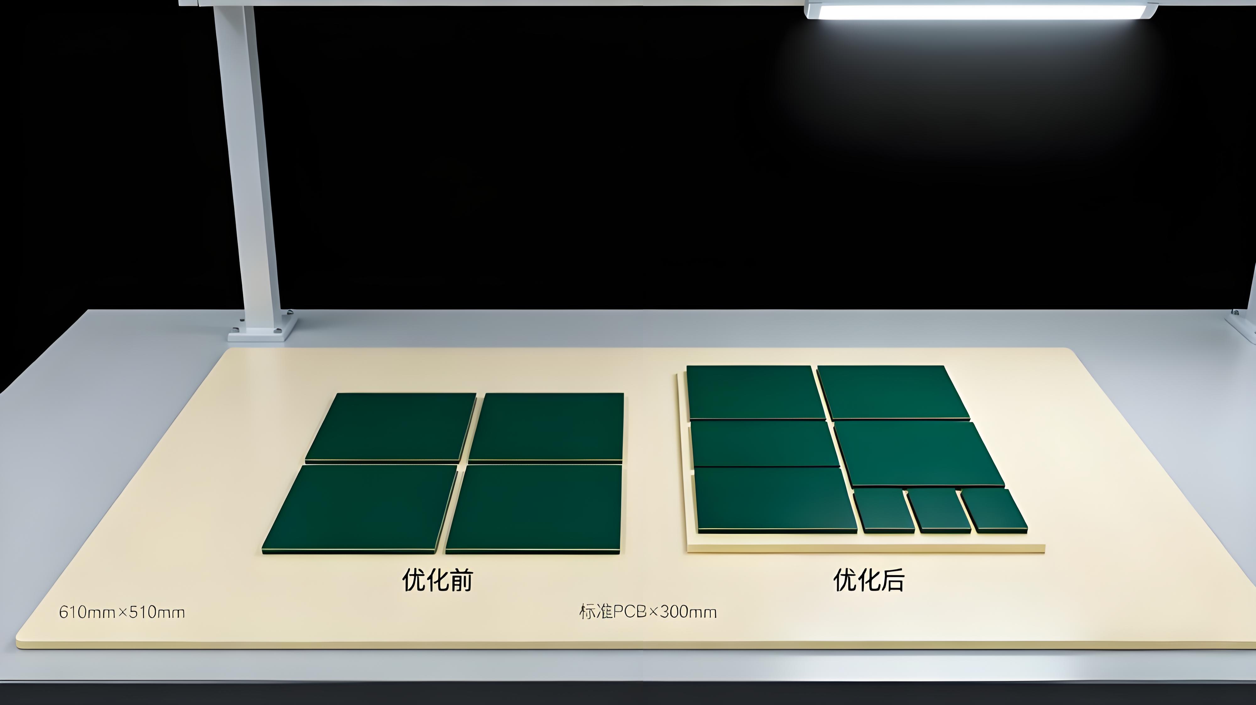 PCB拼板利用率优化对比场景，610mm×510mm板材上优化前后排列差异显著.jpeg