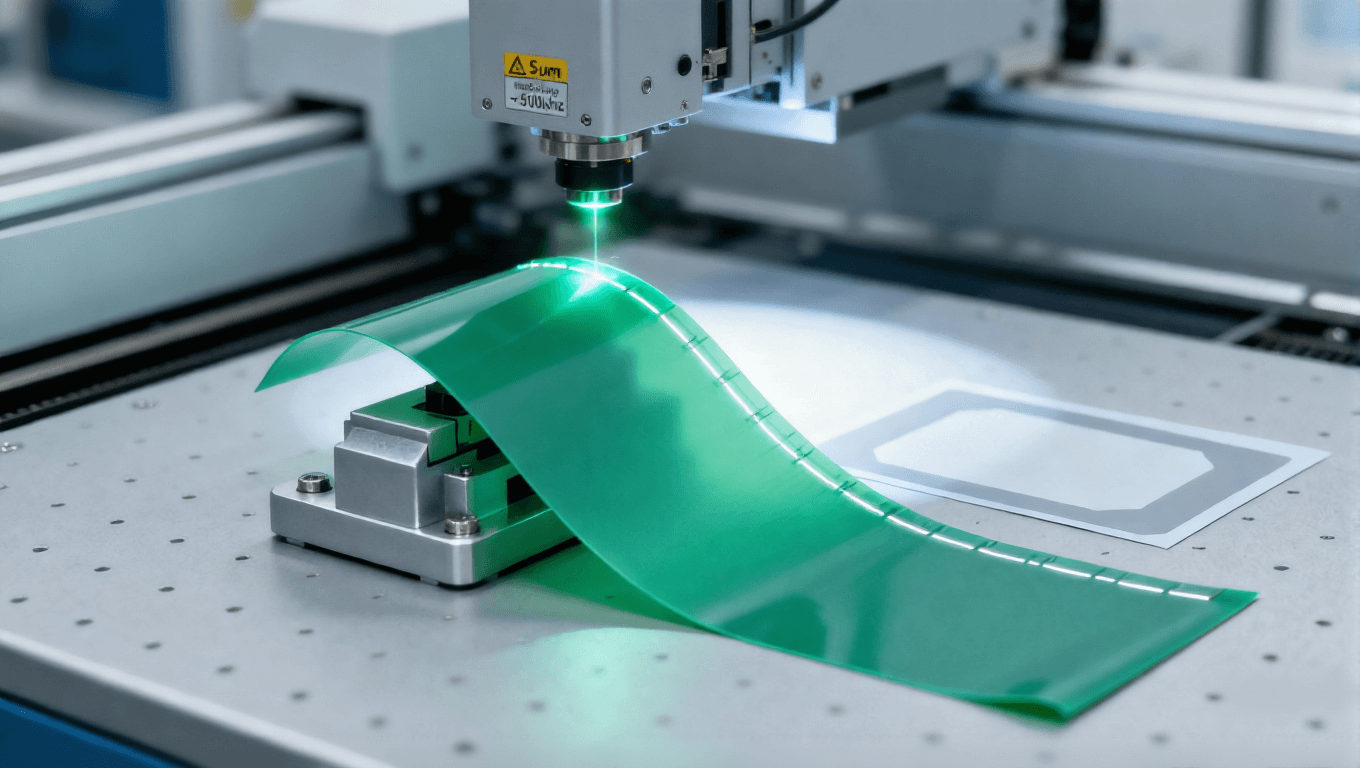 柔性 PCB 激光外形切割场景，非接触加工无应力尺寸误差 ±5μm 折弯通过率 99%.png