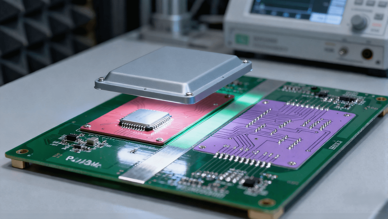 射频前端 PCB 信号隔离场景，接地隔离带 + 屏蔽罩分隔射频与数字区防串扰.png