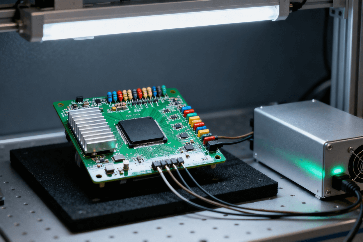 动态通电老化测试 绿色PCBA板 电源模块与导线连接 实验室场景.png