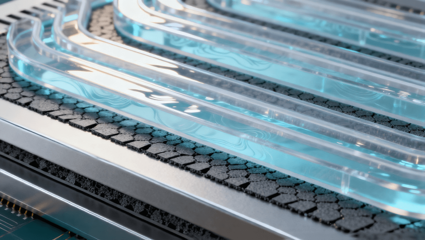 透明硅通道与淡蓝色冷却液，石墨烯热界面材料.png
