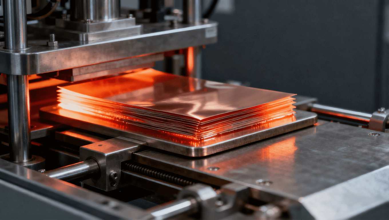 工业压合机内部展示多层LCP PCB材料在高温下压合的过程.png