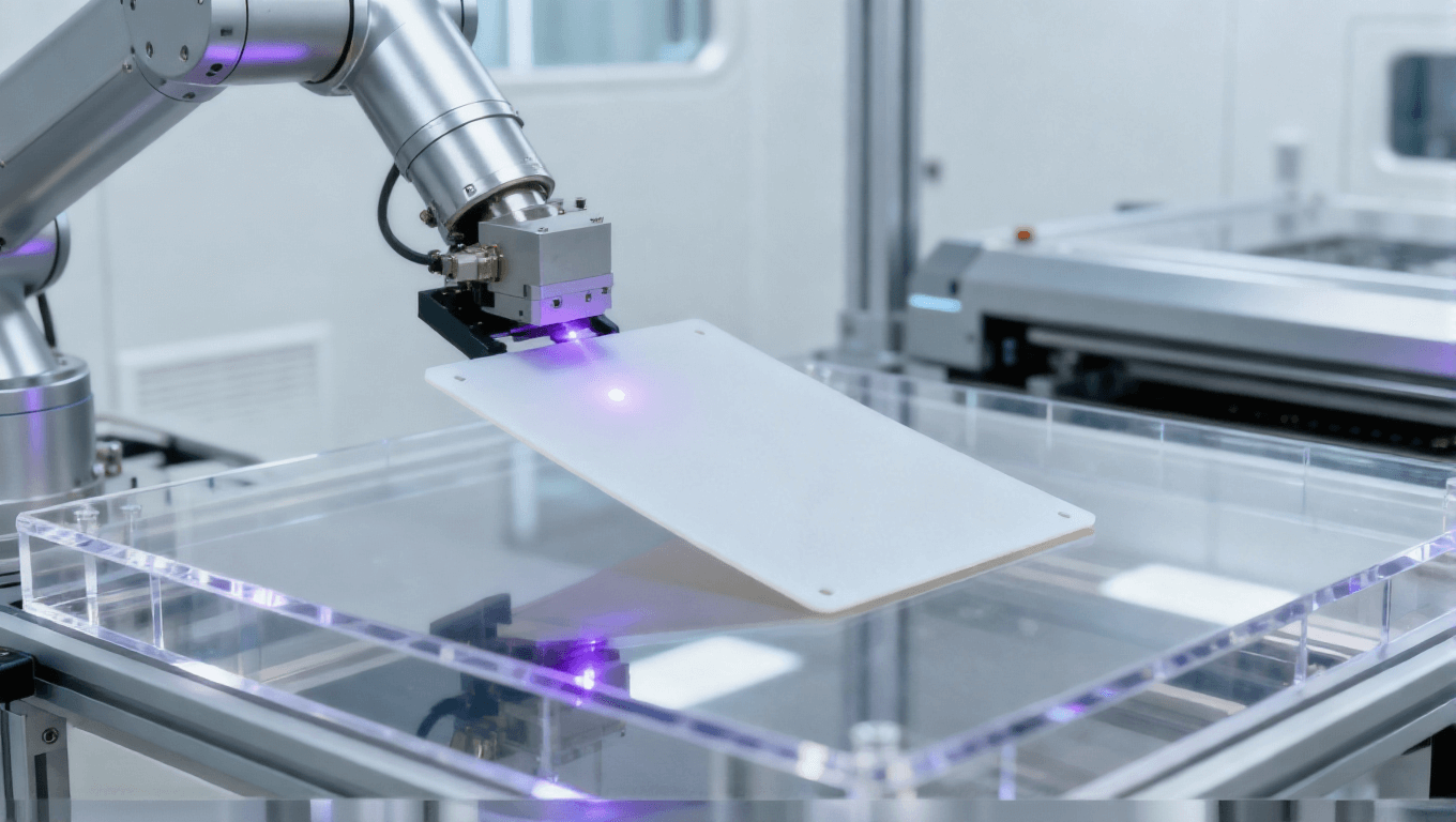 高频毫米波天线板 激光钻孔工艺 洁净车间 紫色激光束 高精度制造.png