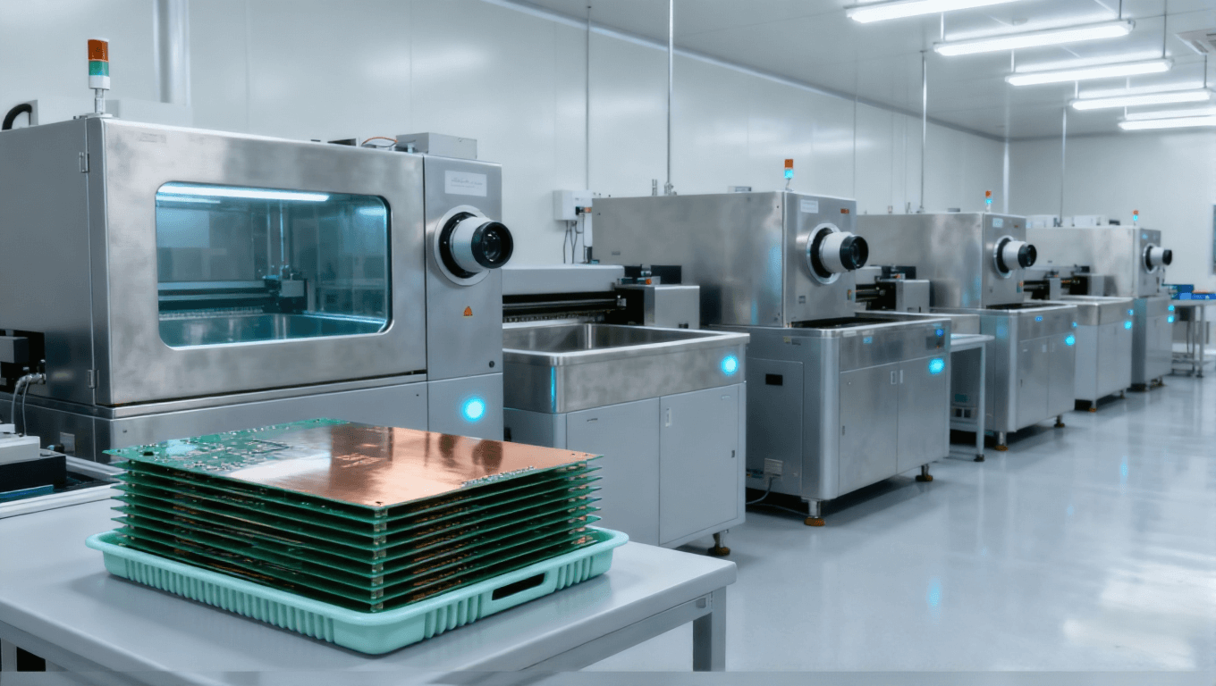 现代化PCB半加成法无尘生产车间，包含银灰色精密设备、淡绿色PCB基板托盘、浅灰白色墙面地面.png