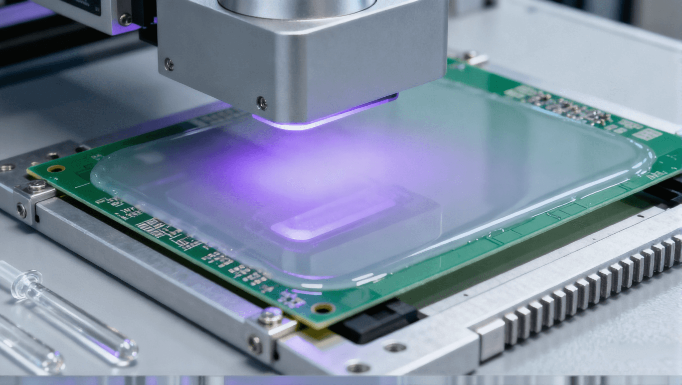 PCB半加成法光刻工序特写，FR-4 PCB基板、淡紫色紫外光、银灰色光刻设备光学组件.png