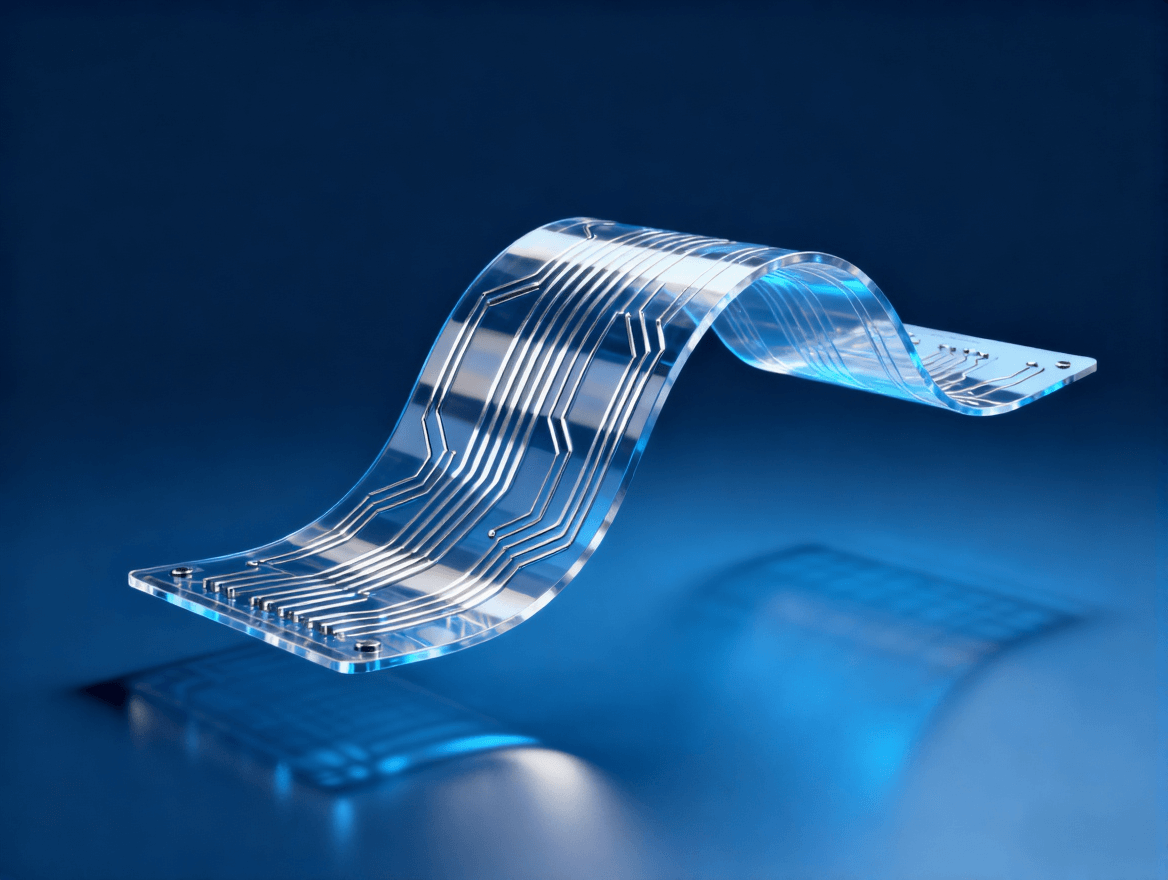 透明柔性电路板展示其柔性和透明特性，在深蓝色科技背景下突出材质细节.png