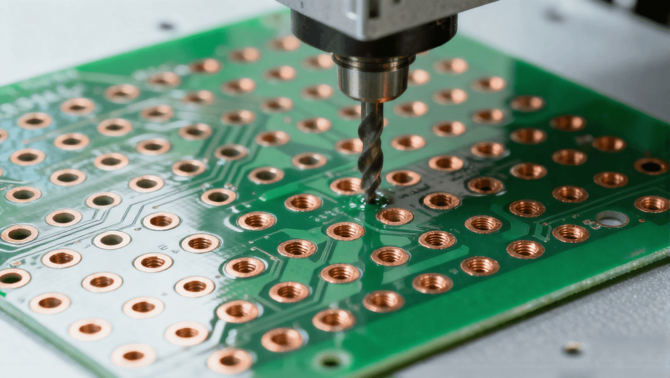 工业加工场景中带有精准孔位和绿色阻焊层的PCB基板，焊盘区域暴露铜箔光泽.png