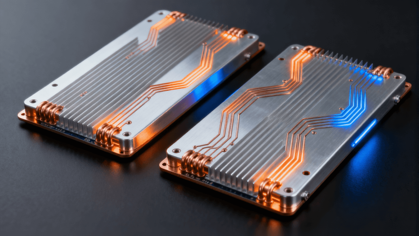 铝基与铜基电路板放置在光滑黑色表面上，铜线和热流符号发光，金属光泽，工业科技感.png