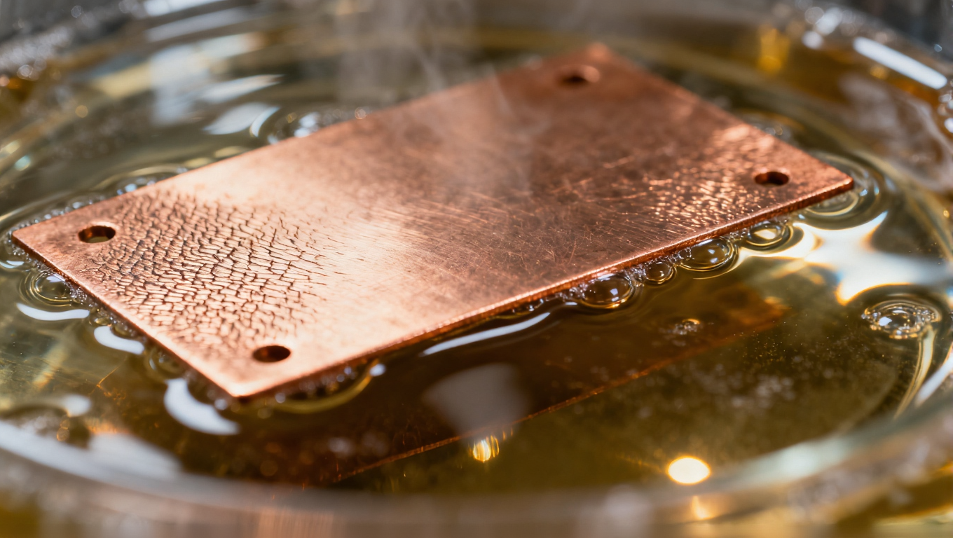 展示电路板表面除油和微蚀工艺的细节，铜面处理后的光滑质感与溶液反射的温暖色调.png