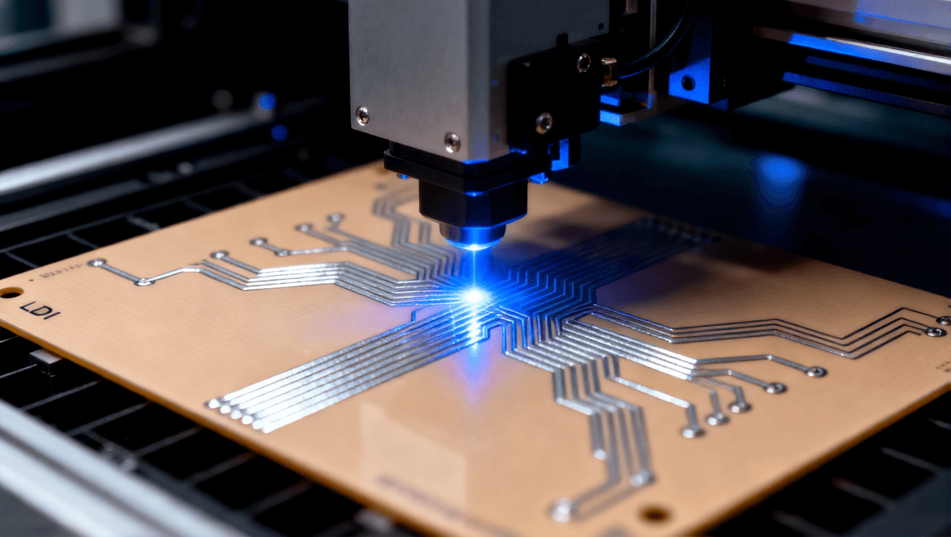LDI 激光束在阻抗控制板上刻画超细线路的制造工艺场景.png