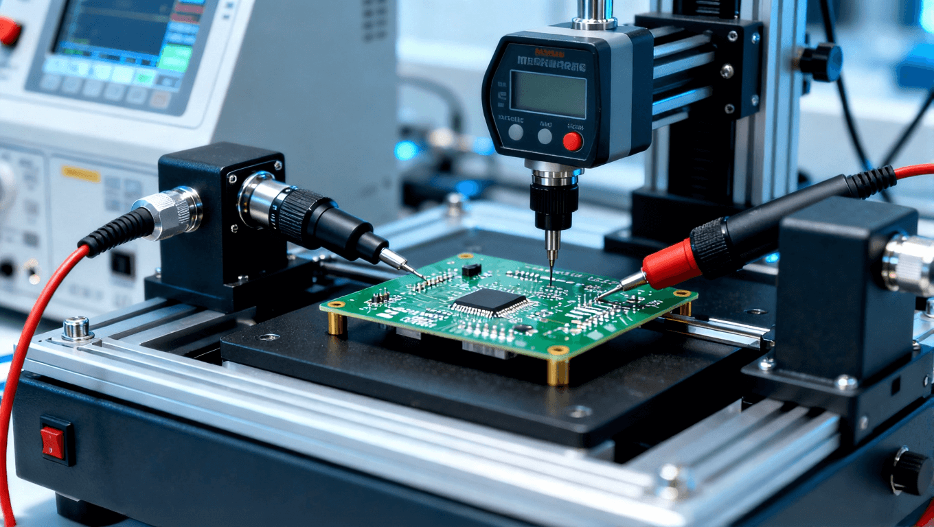 PCB样品检测阶段，展示电气和物理性能测试，突显精密仪器和冷静的实验室氛围.png