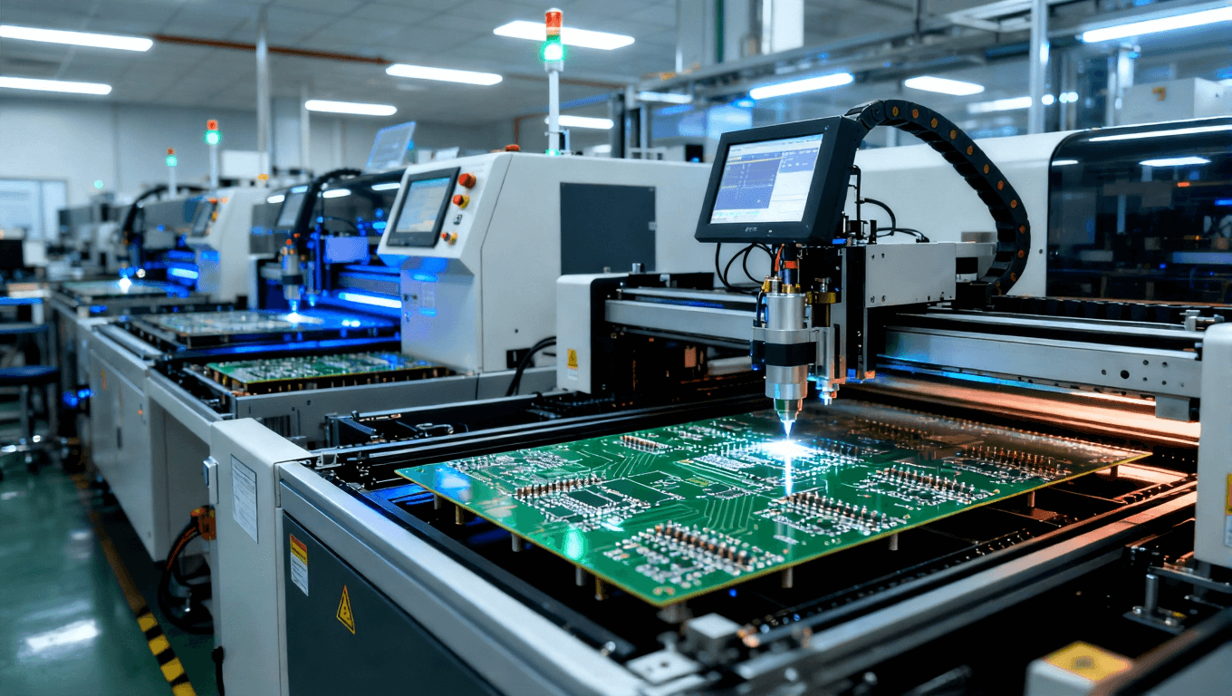 高科技PCB生产线，展示自动化检测、焊接和蚀刻等工序，突显精确的生产过程.png