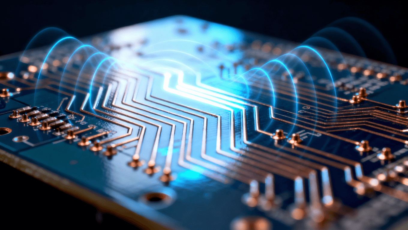 高频电路板特写，蓝色光影下精确的铜线轨迹，展示介电常数稳定性对信号完整性的影响.png