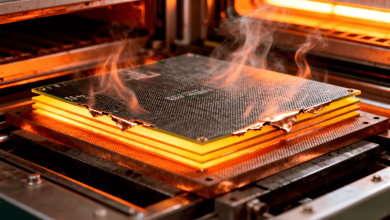 多层电路板热应力测试场景，展示高温下铜层与基材因热膨胀系数不匹配导致的分离现象 (1).png