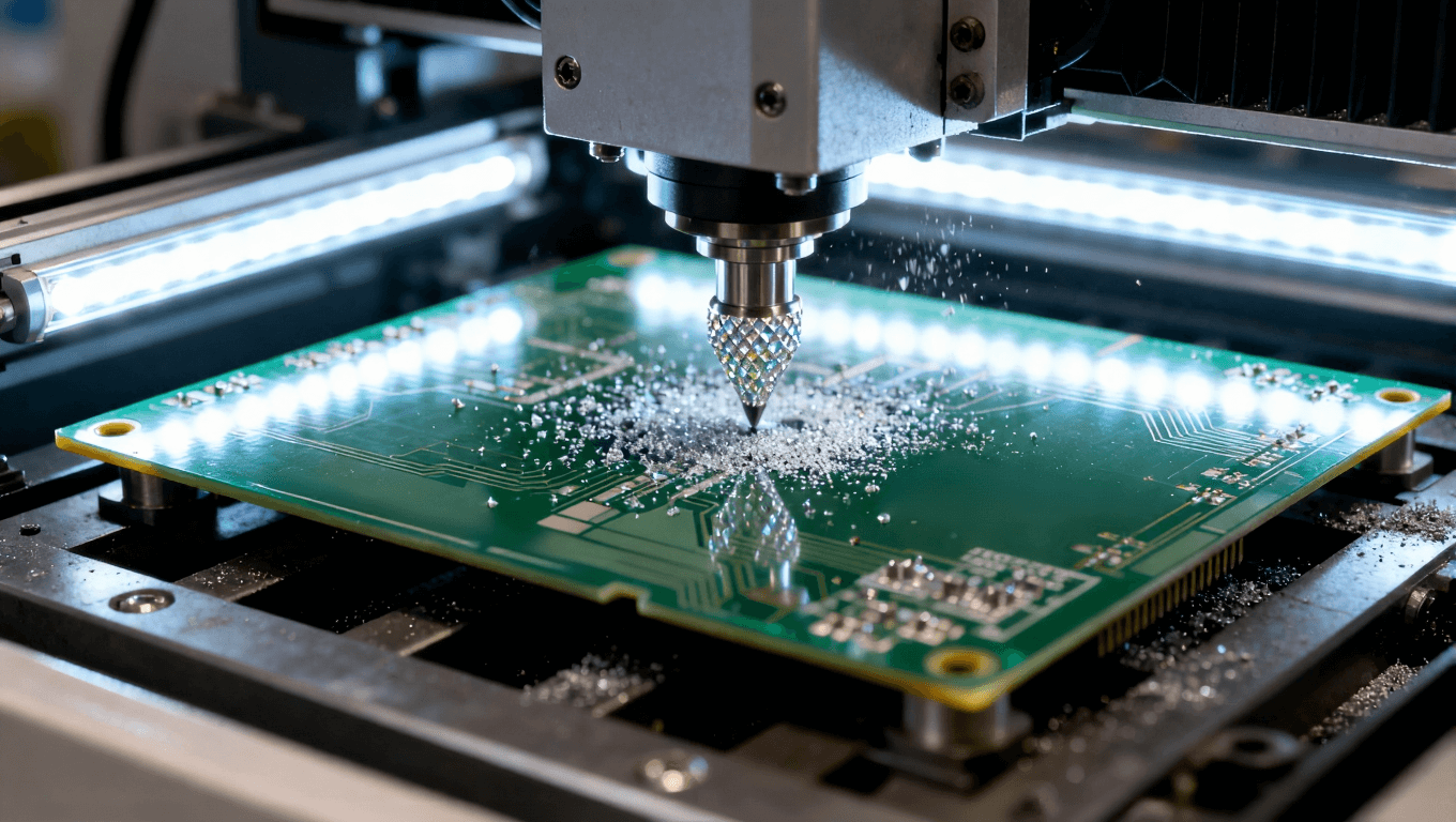 CNC钻床加工高频电路板特写，金刚石涂层钻头与精细粉尘，展示高精度制造工艺.png