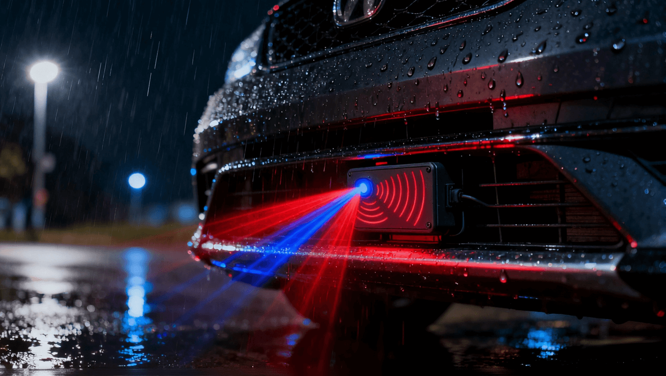 车载雷达模块在雨夜中工作，发射红蓝波束，体现其在恶劣环境下的可靠性.png