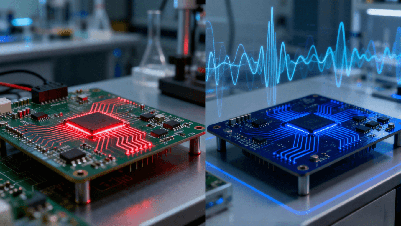电路板信号损耗对比图，左为低频红色轨迹，右为高频蓝色轨迹，展示不同频率下的衰减差异 (1).png