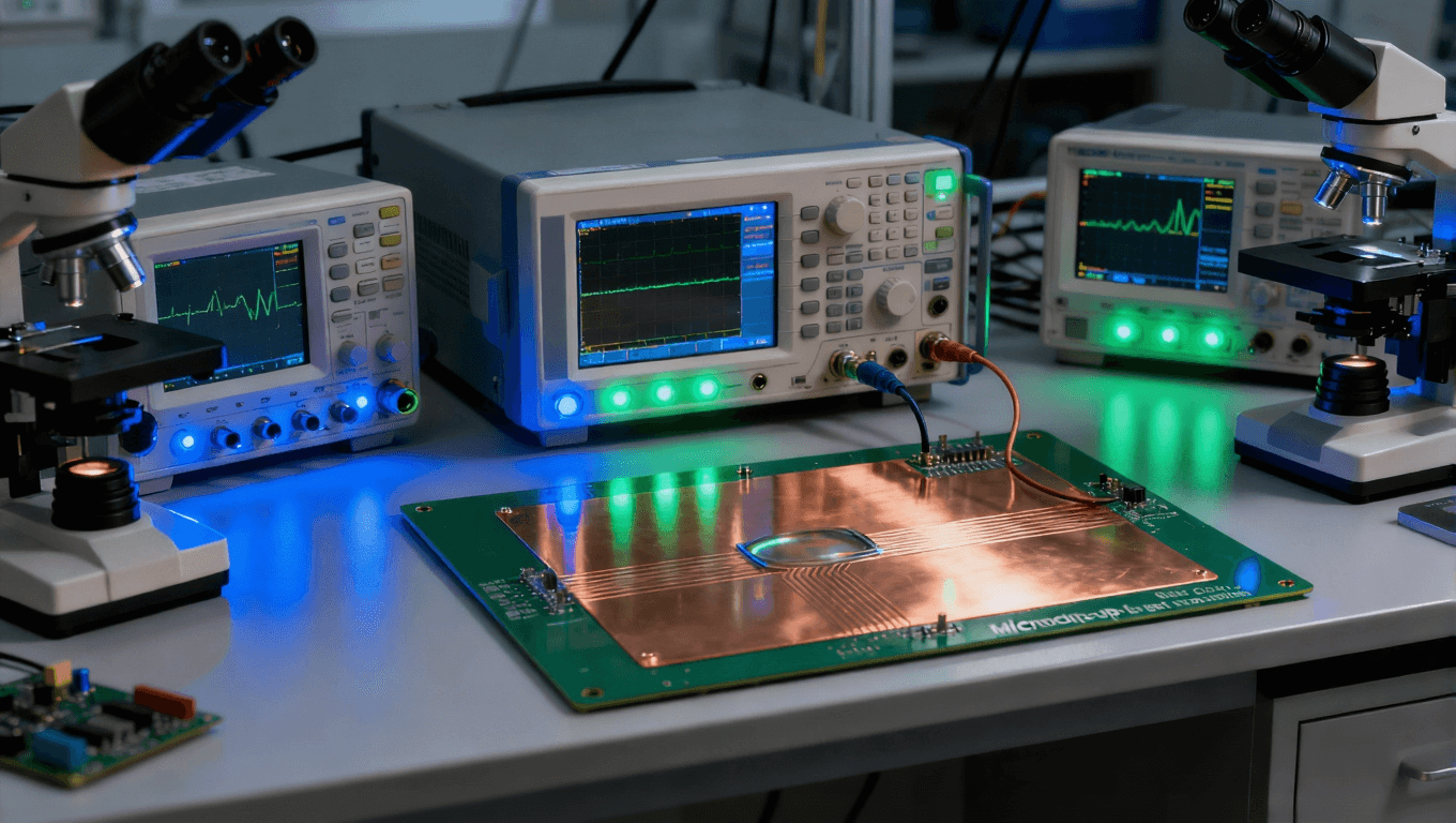 实验室中网络分析仪与微带线测试板连接，多种仪器共同检测高频板材性能.png