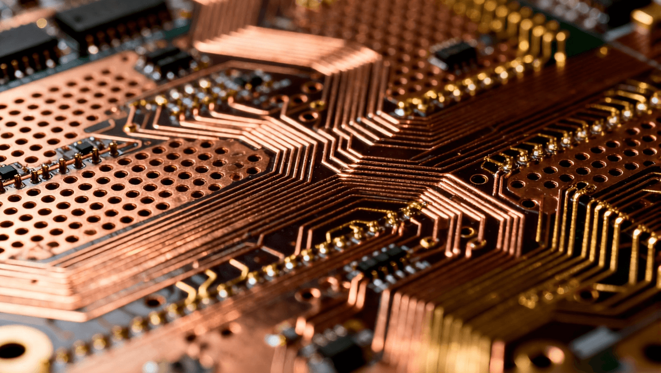 高密度互联PCB设计细节，展示AI服务器中元件集成和布线优化，突出高性能与空间利用的平衡.png