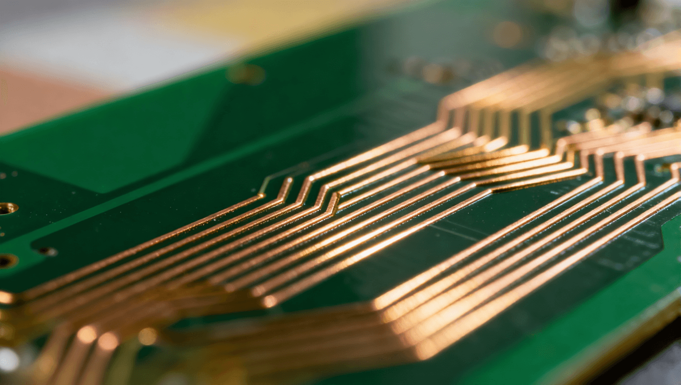 由高精度菲林制造出的精密PCB电路走线微距摄影，展现清晰的线宽与完美的边缘质量.png