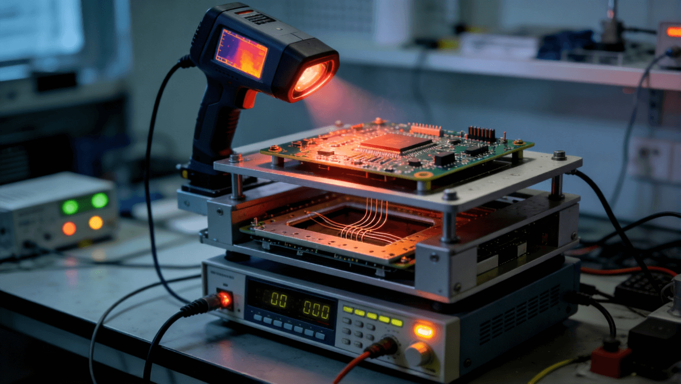储能PCB热管理测试验证场景,展示红外热像、热电偶与热阻测试仪协同工作.png