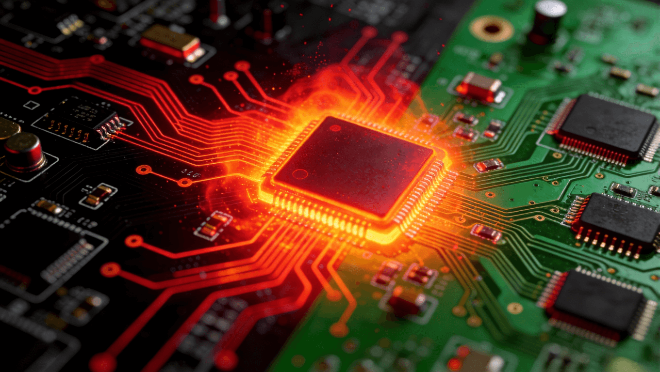 热成像风格插图对比黑色与绿色PCB散热效果,热量以红橙色光晕从芯片中心扩散.png