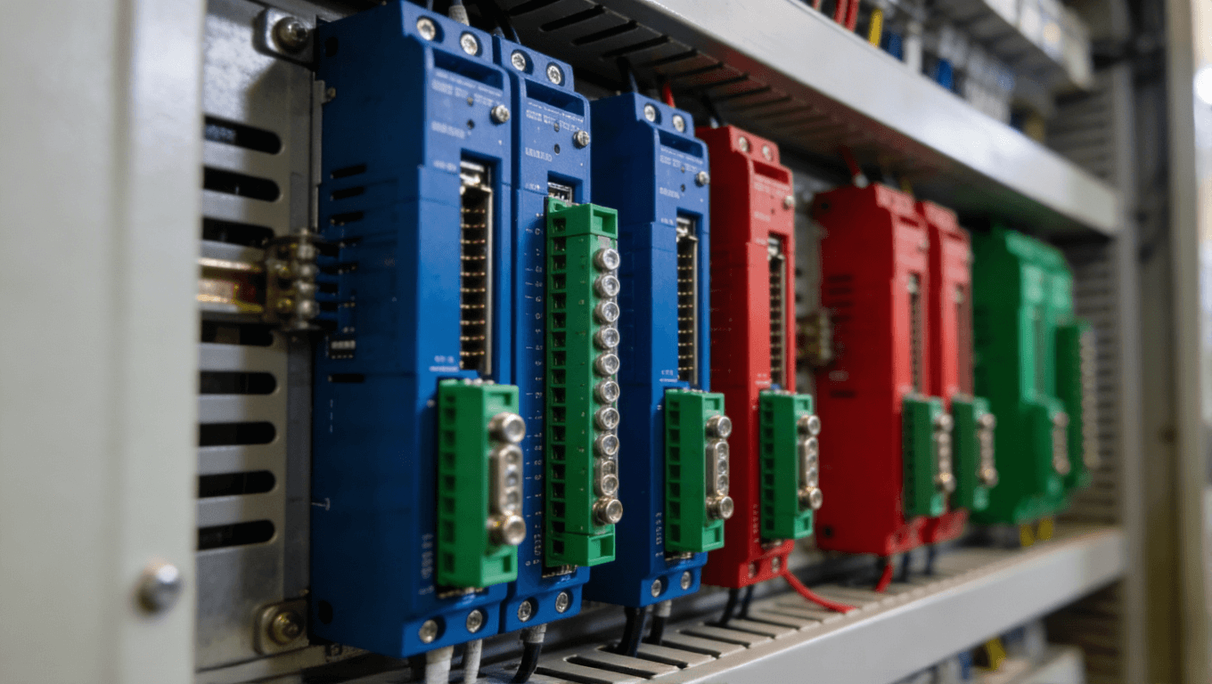 工业控制柜内部彩色PCB模组安装示意图,蓝、红、绿色PCB排列整齐.png