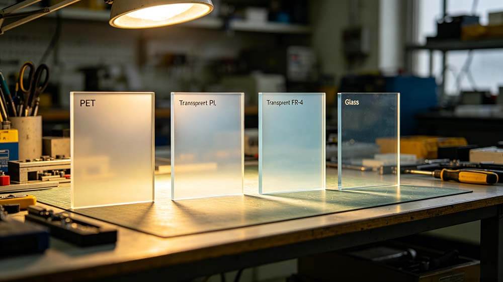 透明PCB基材对比：PET、透明PI、透明FR-4与玻璃基板透光效果并排展示.jpeg