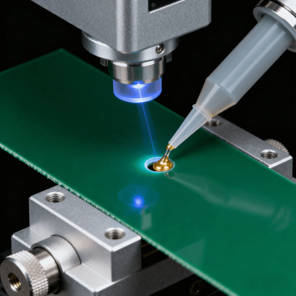 LTCC 激光打孔与通孔填充工艺特写,30μm 微孔 + 触变金浆实现高致密连接.png